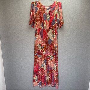 Une Ame Cottagecore Patchwork Floral V-Neck 1/4 Sleeve Maxi Dress